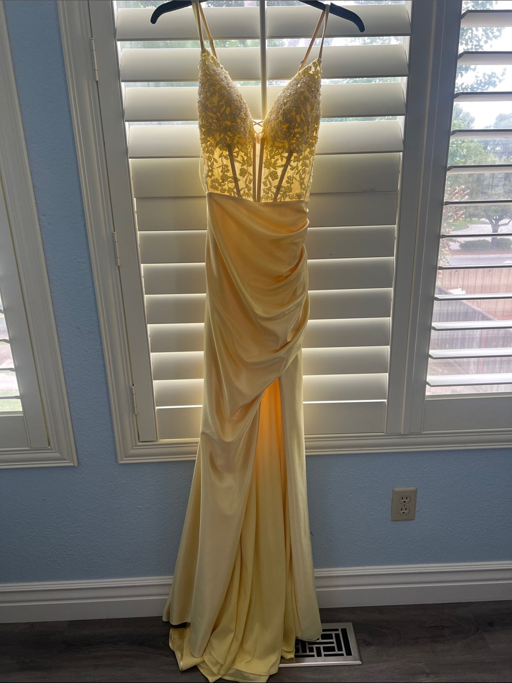 Camille La Vie Yellow Lace Bodice Satin Draped Prom Gown